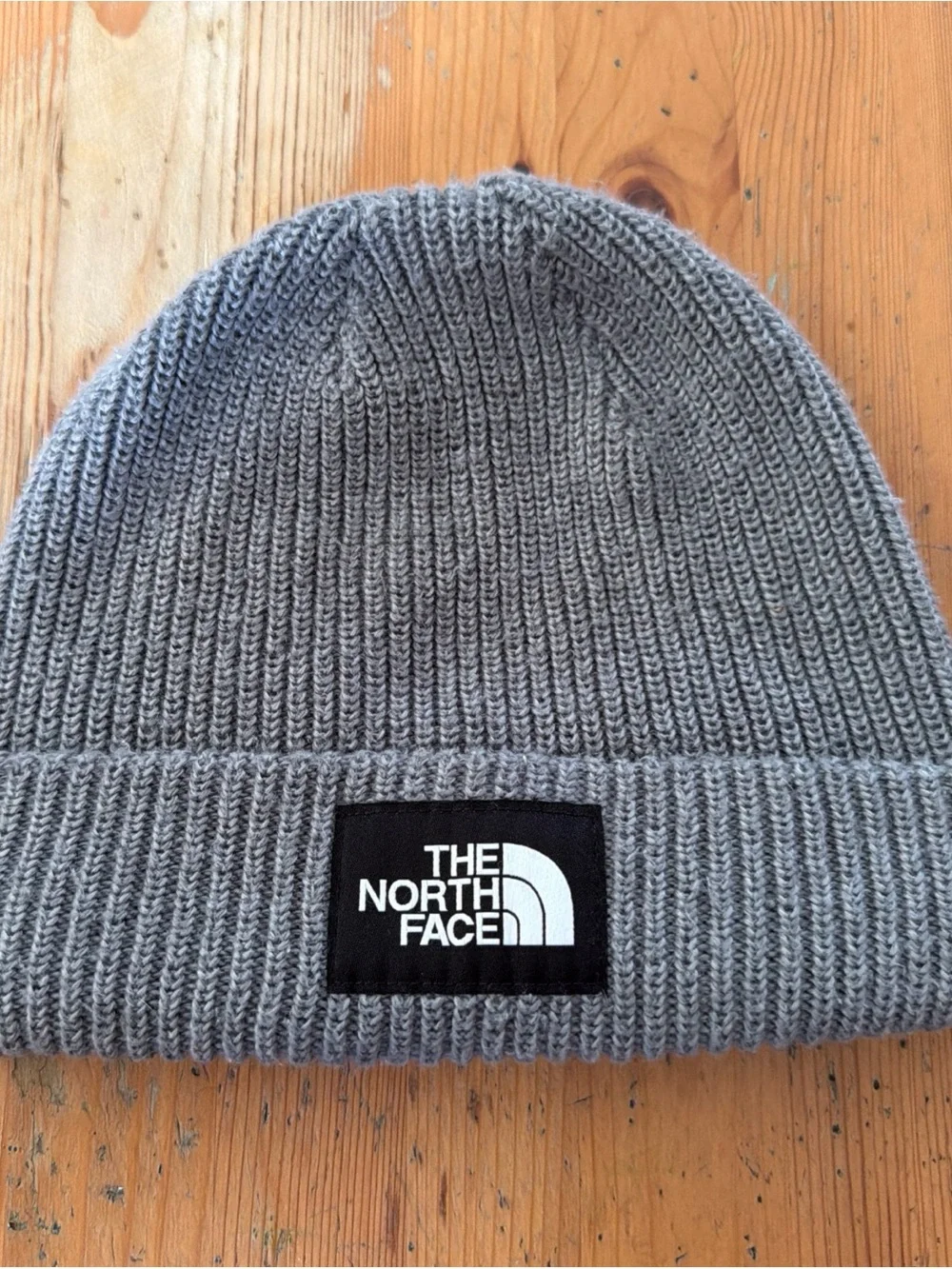 The North Face Gray Ribbed Cuffed Beanie with Logo Patch